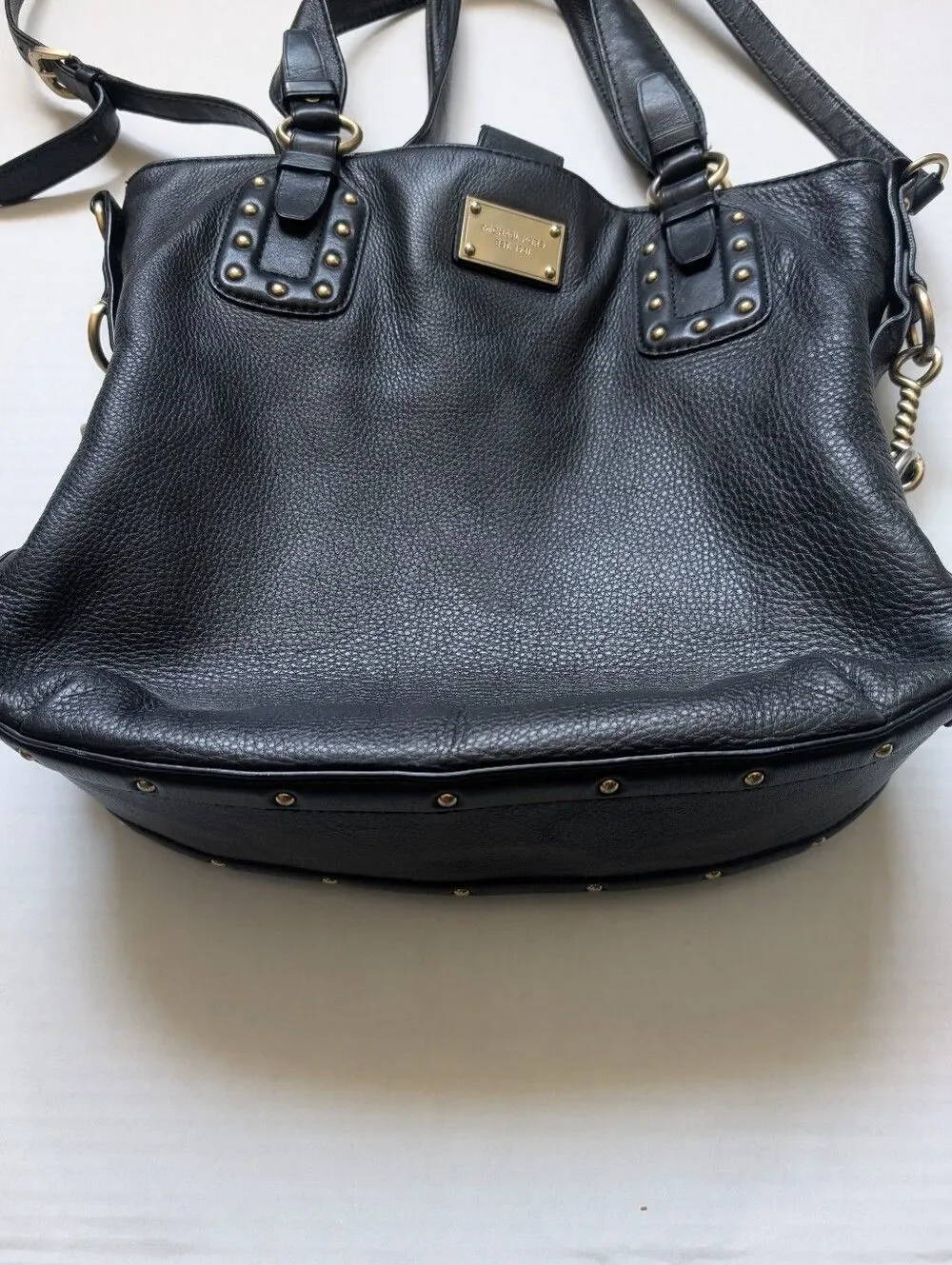 MICHAEL KORS Large Black Leather Studded Twisted Buckles Shoulder Tote Bag